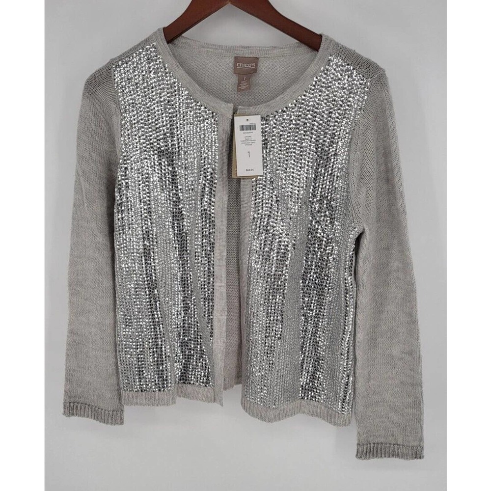 Chico's Gray Silver Sequence Cardigan Acrylic Wool Blend Vanity Size 1, M New